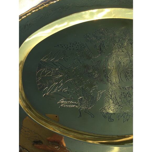 Giant brass serving platter 24"X18" birds tray oriental asian gold partridge MCM - Picture 10 of 16